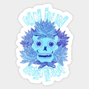 Faded Tats and Vintage Records. Worn/distressed neon blue, retro skull design. Sticker